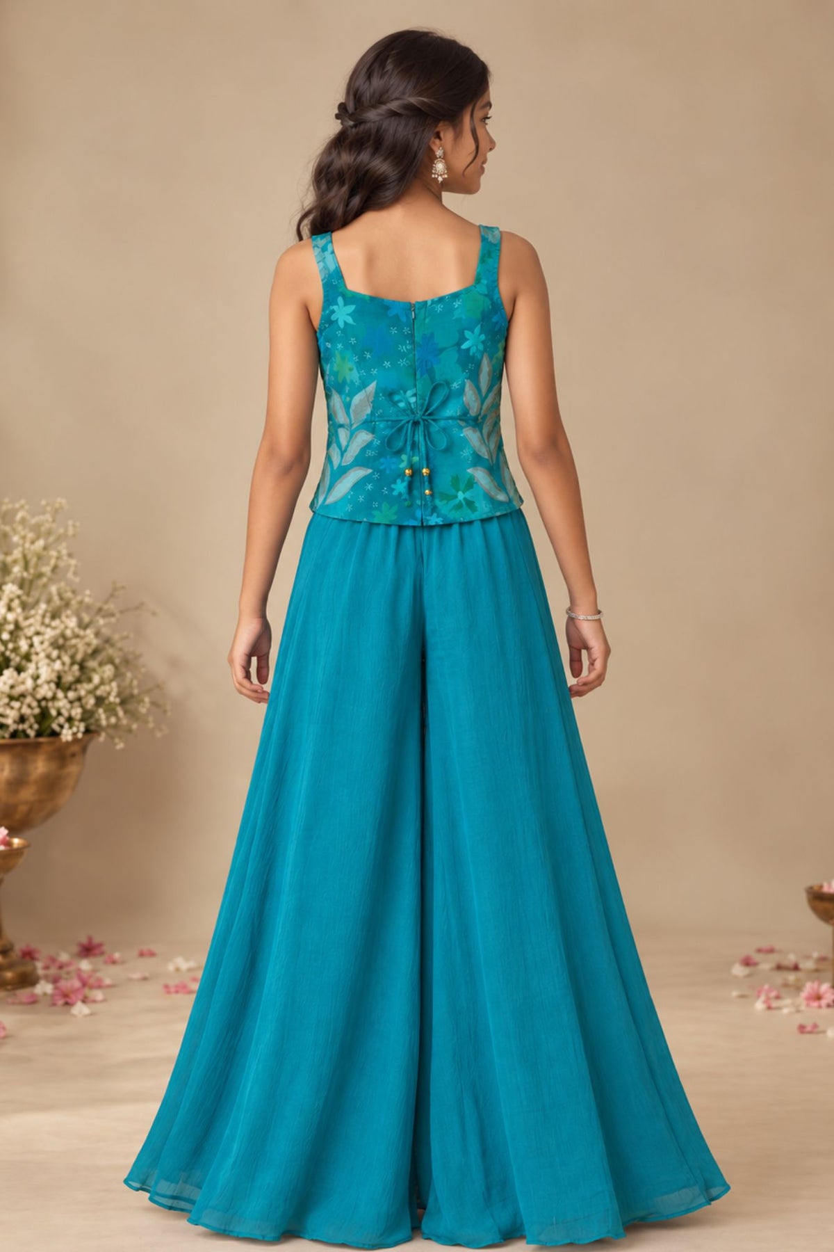 Blue Floral Embroidered Top With Palazzo And Dupatta Set