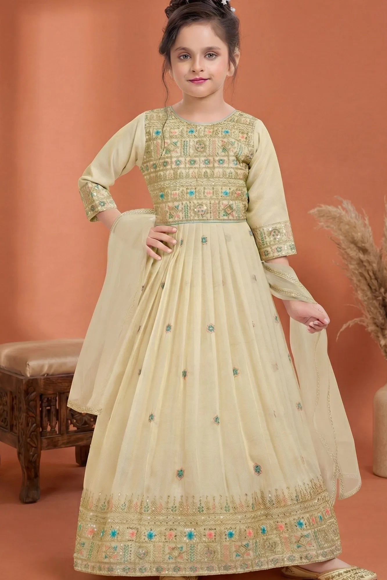 Cream Yellow Embroidered Ethnic Gown with Dupatta For Girls