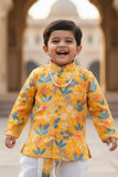 Mustard Yellow Floral Printed Kurta Dhoti Set with Accessories For Boys