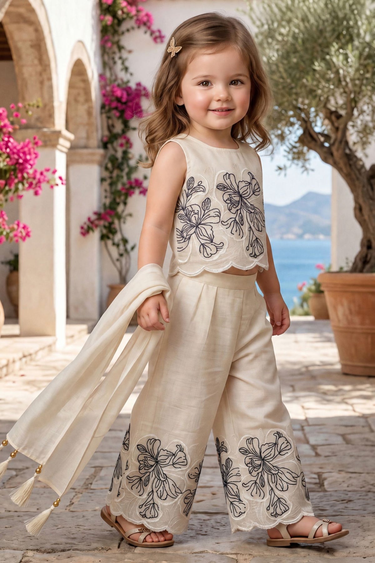 Girls Cream Floral Embroidered Sleeveless Crop Top Palazzo Set with Dupatta
