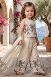 Girls Cream Floral Embroidered Sleeveless Crop Top Palazzo Set with Dupatta