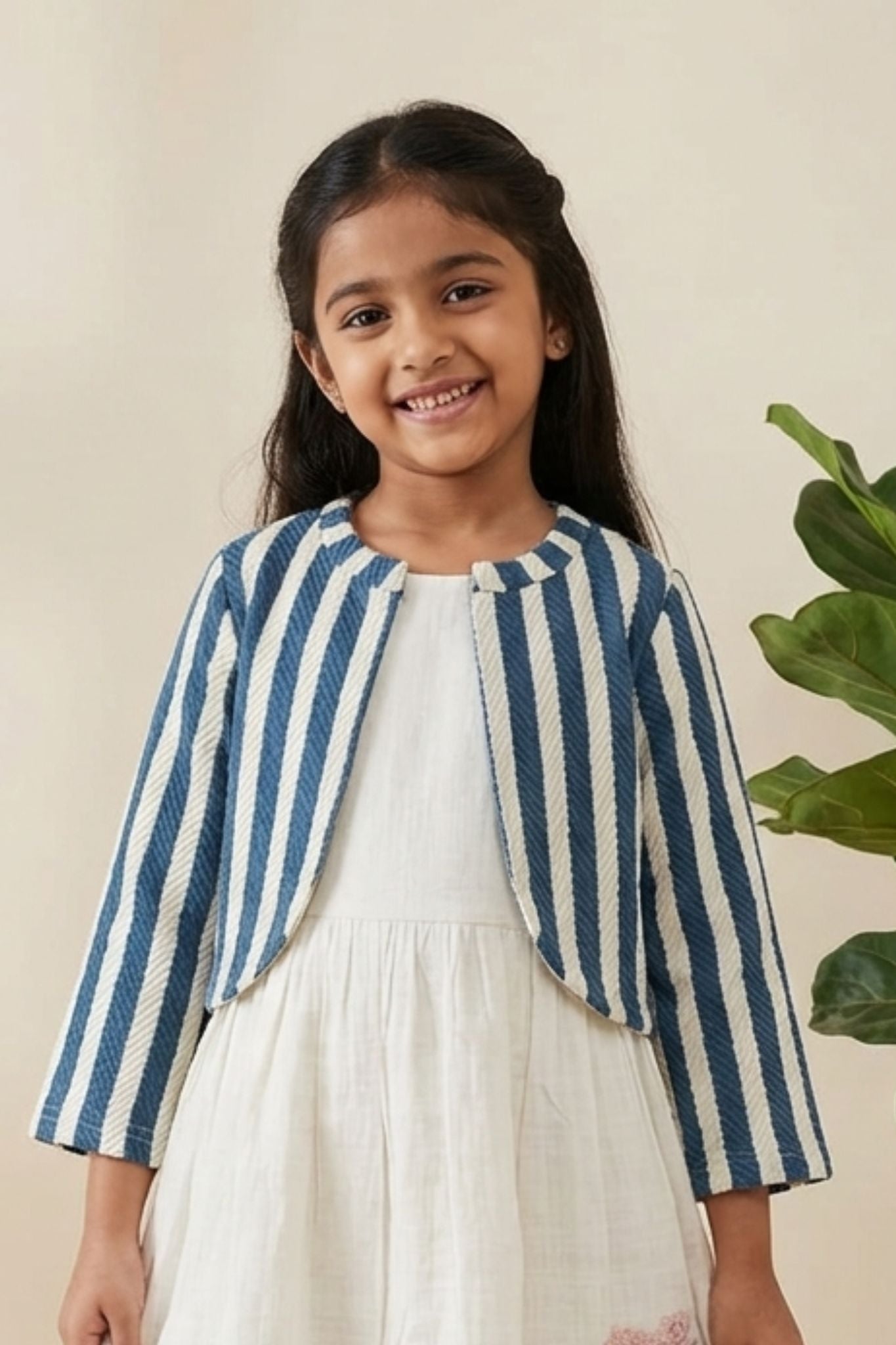 Casual Cream Dress & Teal Striped Jacket for Girls