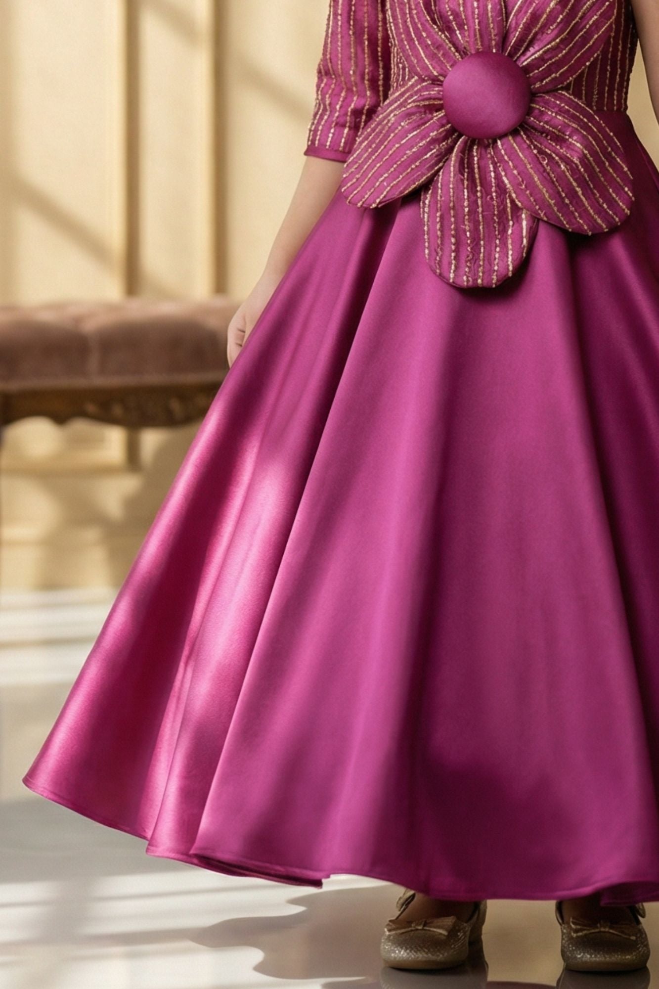 Magenta Floral Embellished Party Gown For Girls