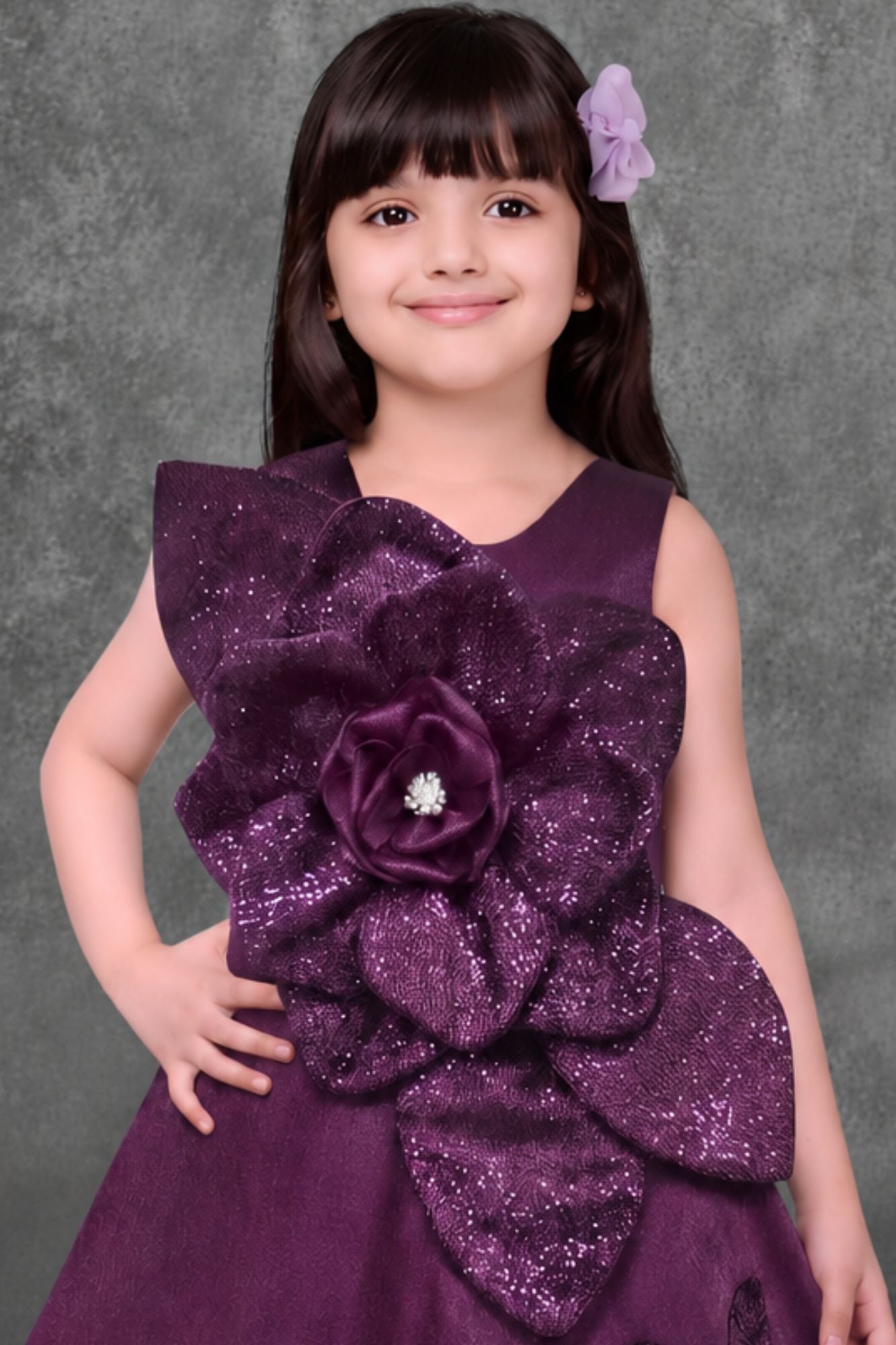 Wine Floral Applique Party Wear Gown for Girls
