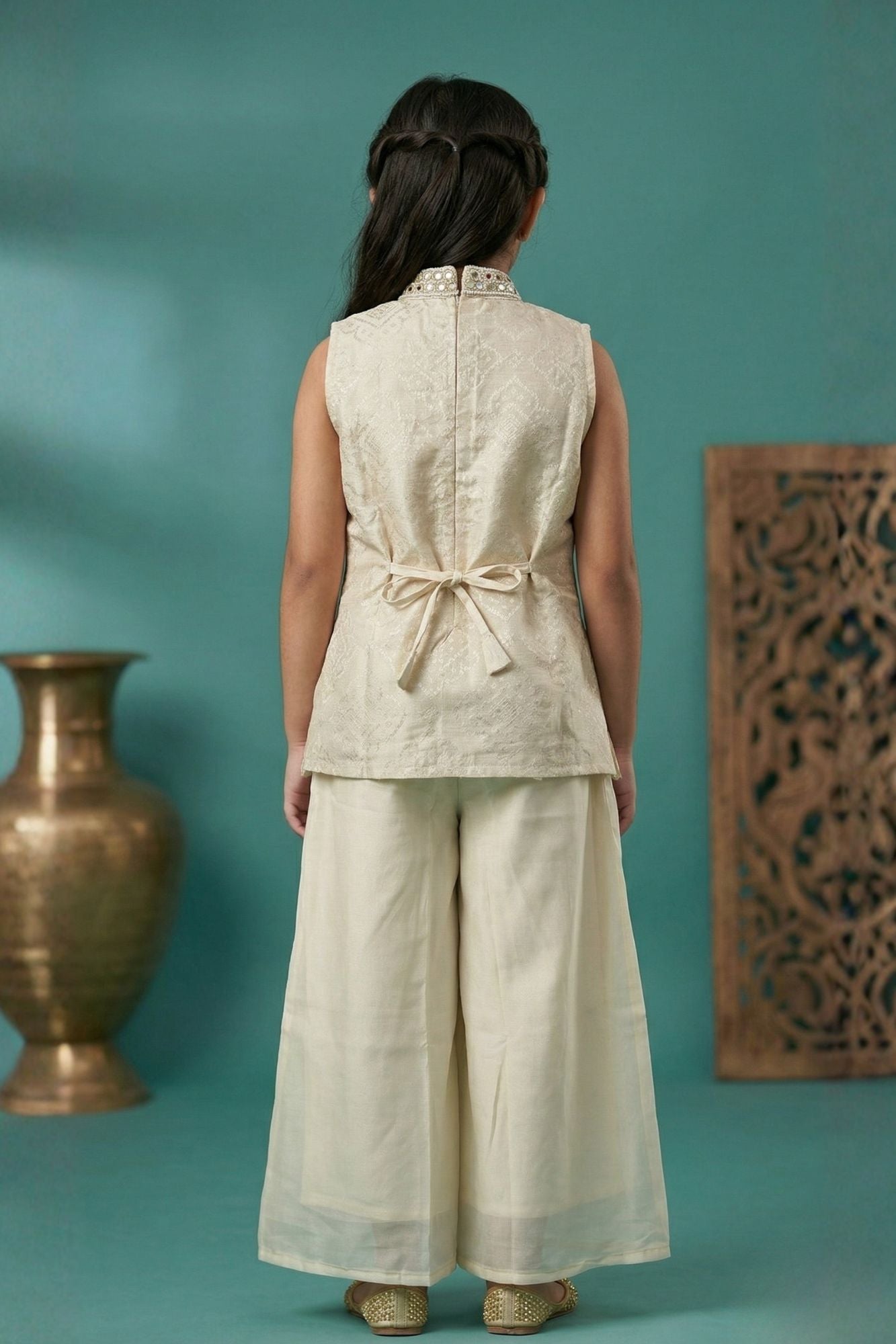 Girls Ivory Embellished Jacket-Style Top With Palazzo Set