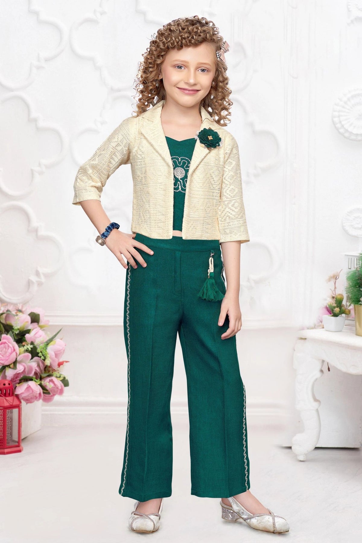 Teal Green Co-Ord Set with Lace Cropped Jacket For Girls