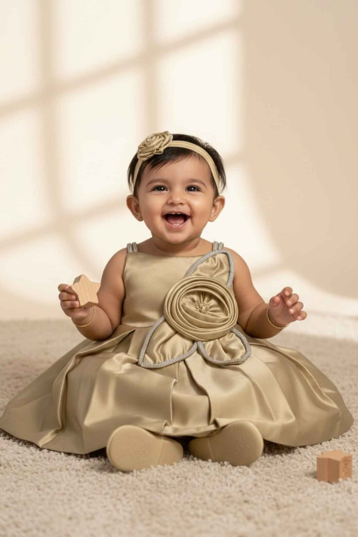 Fawn Party Frock with Floral Rosette and Embellished Strap Detailing For Girls