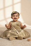 Fawn Party Frock with Floral Rosette and Embellished Strap Detailing For Girls