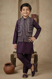 Wine Zari Work Kurta Pajama Set With Jacket For Boys
