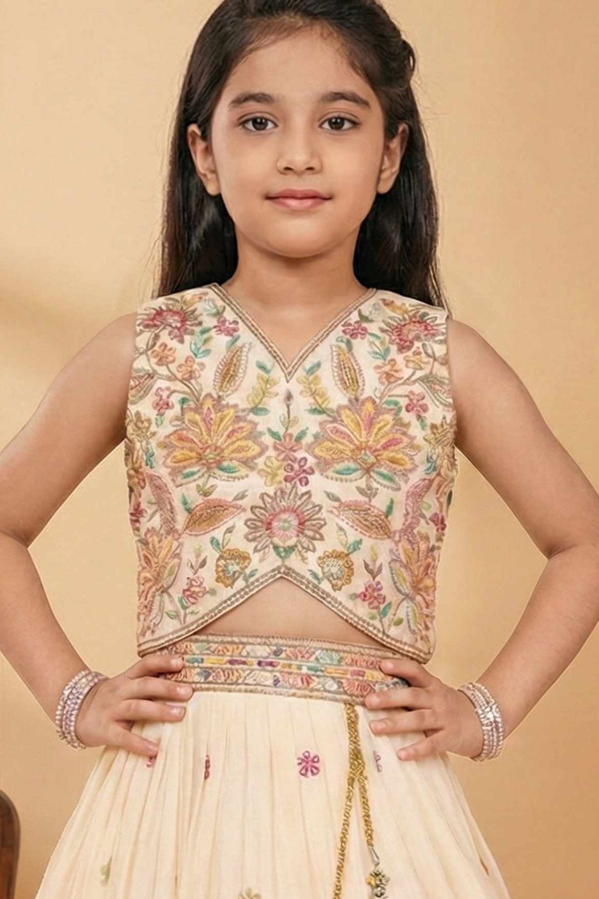 Cream Floral Embroidered Lehenga Choli Set for Girls
