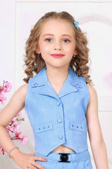 Trendy Sky Blue Sleeveless Jacket And Pant Co Ord Set For Girls