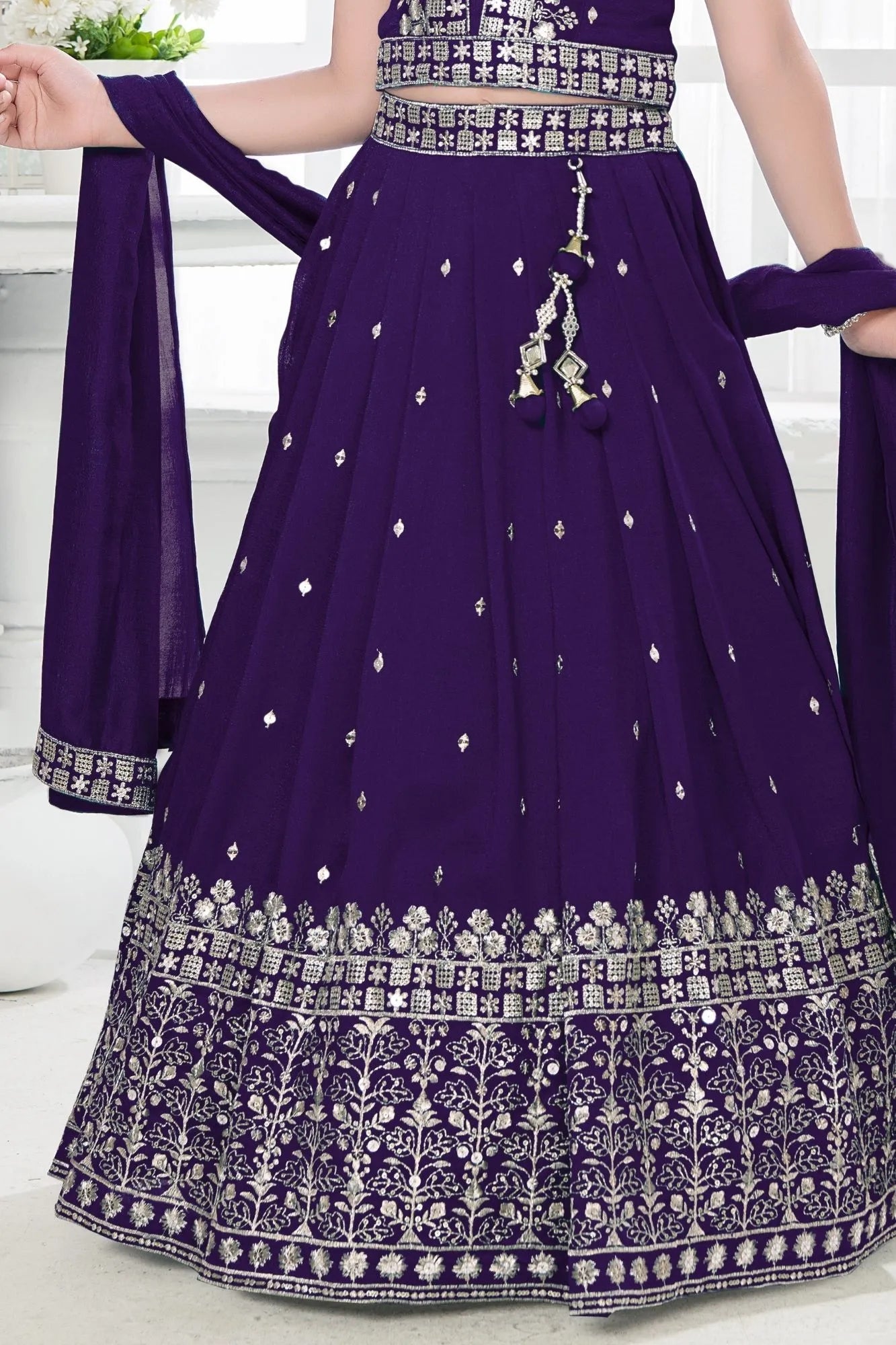 Royal Purple Embroidered Lehenga Choli Set with Dupatta For Girls