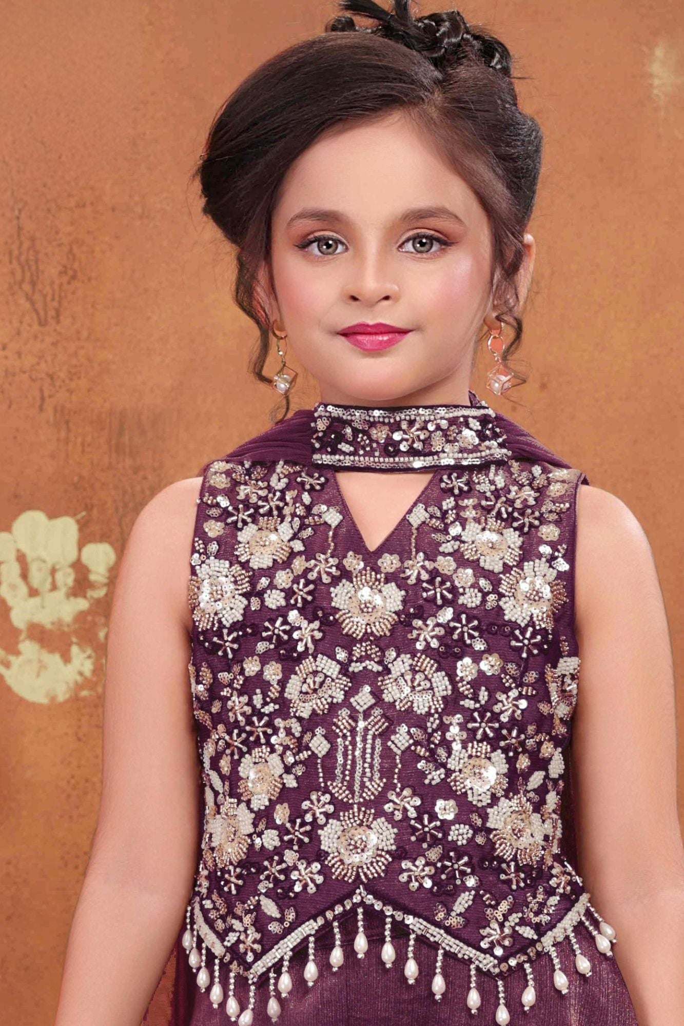 Girls Wine Embroidered Palazzo Set With Dupatta