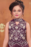 Girls Wine Embroidered Palazzo Set With Dupatta