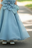 Blue Party Wear Gown with Oversized Floral Appliqué and Glitter Accent For Girls