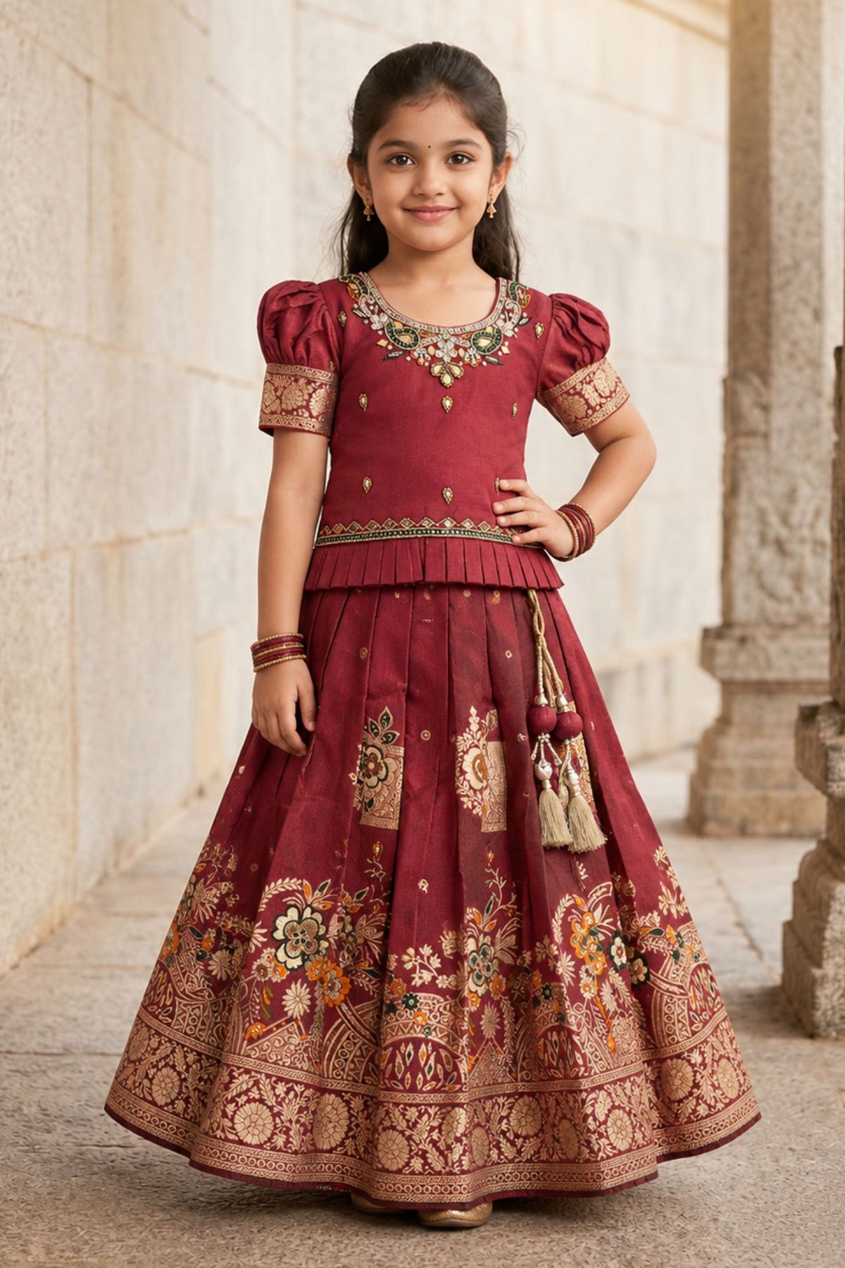 Maroon Zari Woven Pattu Pavadai Set With  Puff Sleeves For Girls