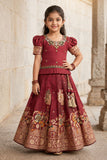 Maroon Zari Woven Pattu Pavadai Set With  Puff Sleeves For Girls