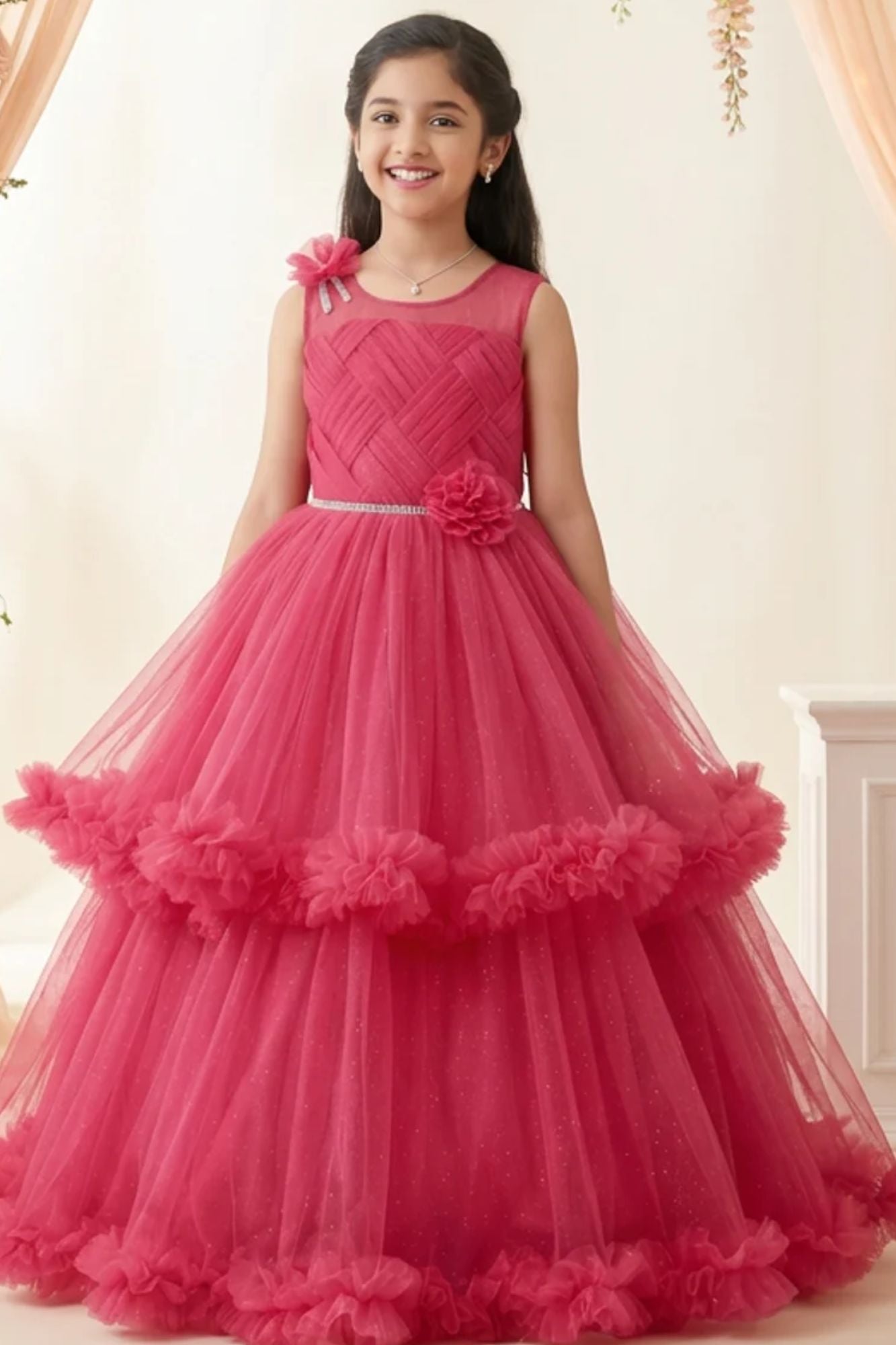 Rani Pink Layered Net Party Gown with Floral Ruffle Hem For Girls