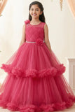 Rani Pink Layered Net Party Gown with Floral Ruffle Hem For Girls