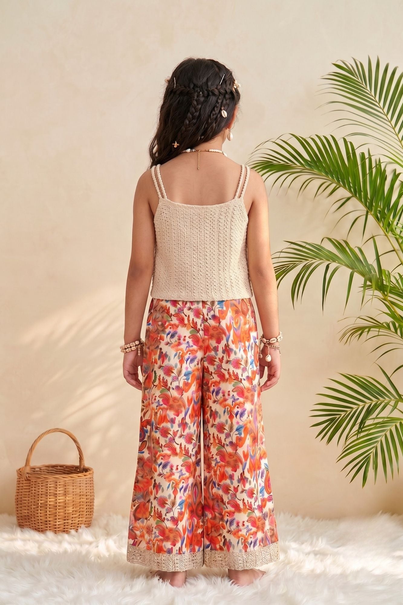 Off White Crochet Top with Multicolor Floral Printed Wide-Leg Culottes Co-Ord Set for Girls