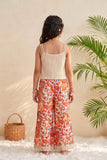 Off White Crochet Top with Multicolor Floral Printed Wide-Leg Culottes Co-Ord Set for Girls