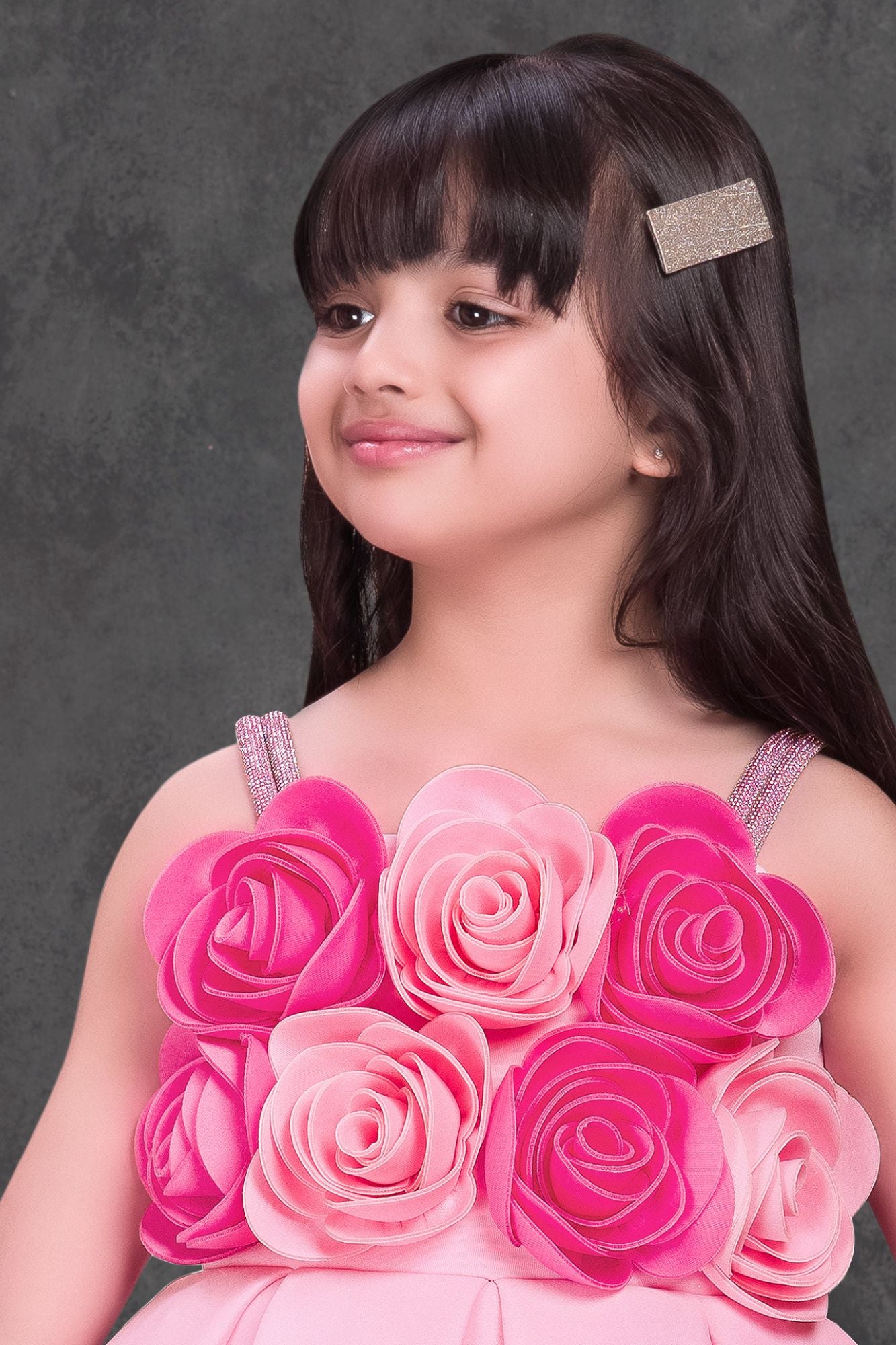 Light Pink Floral Appliqué Party Wear Frock with Pleated Skirt For Girls