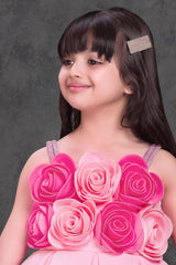Light Pink Floral Appliqué Party Wear Frock with Pleated Skirt For Girls