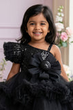 Black One-Shoulder Sequin Party Frock with Layered Tulle For Girls