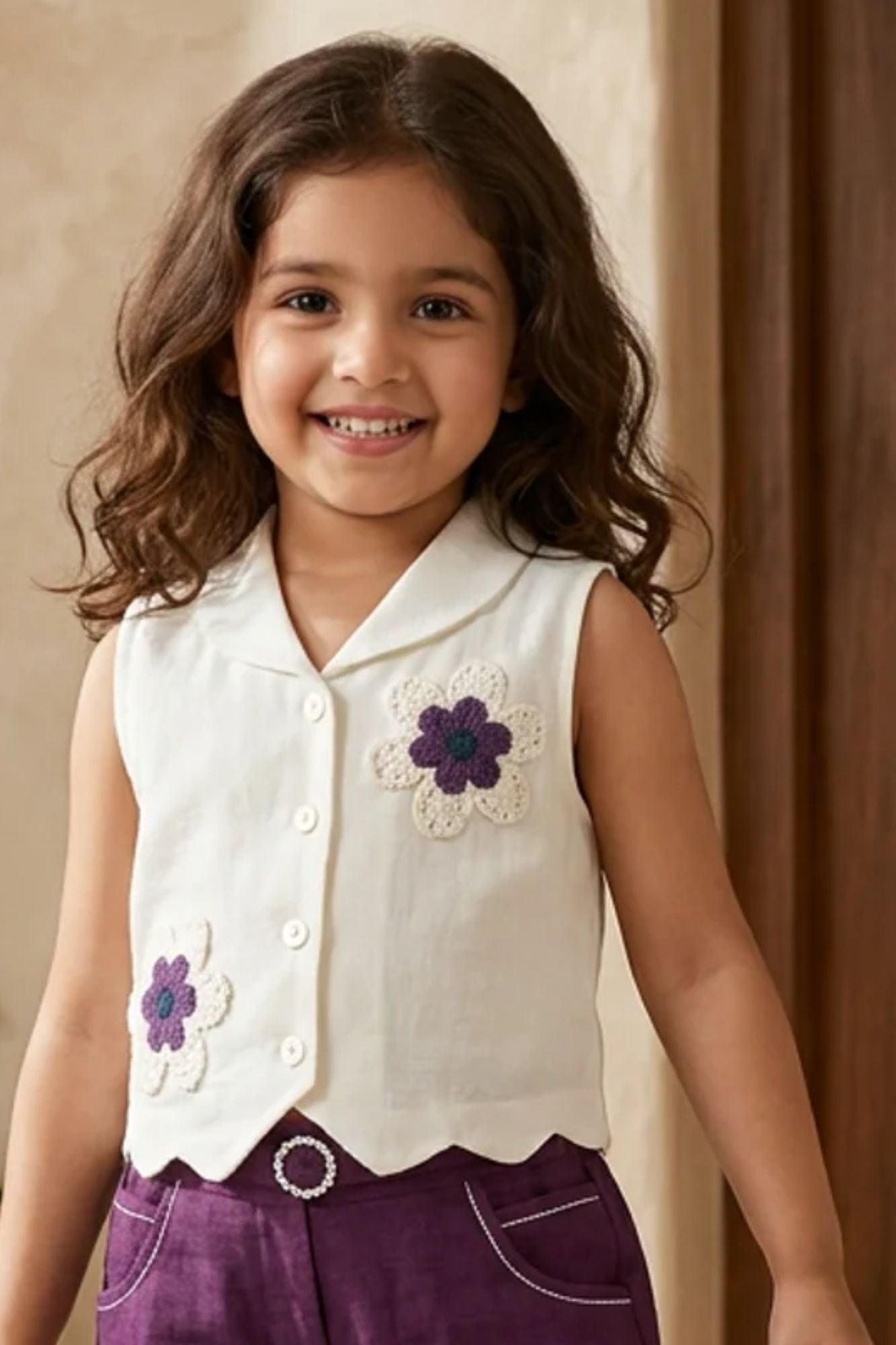 Girls Off-White And Purple Floral Embroidered Co-Ord Set with Wide Leg Pants