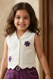 Girls Off-White And Purple Floral Embroidered Co-Ord Set with Wide Leg Pants