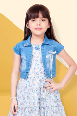 Blue Sleeveless Floral Printed Frock With Denim Overcoat For Girls