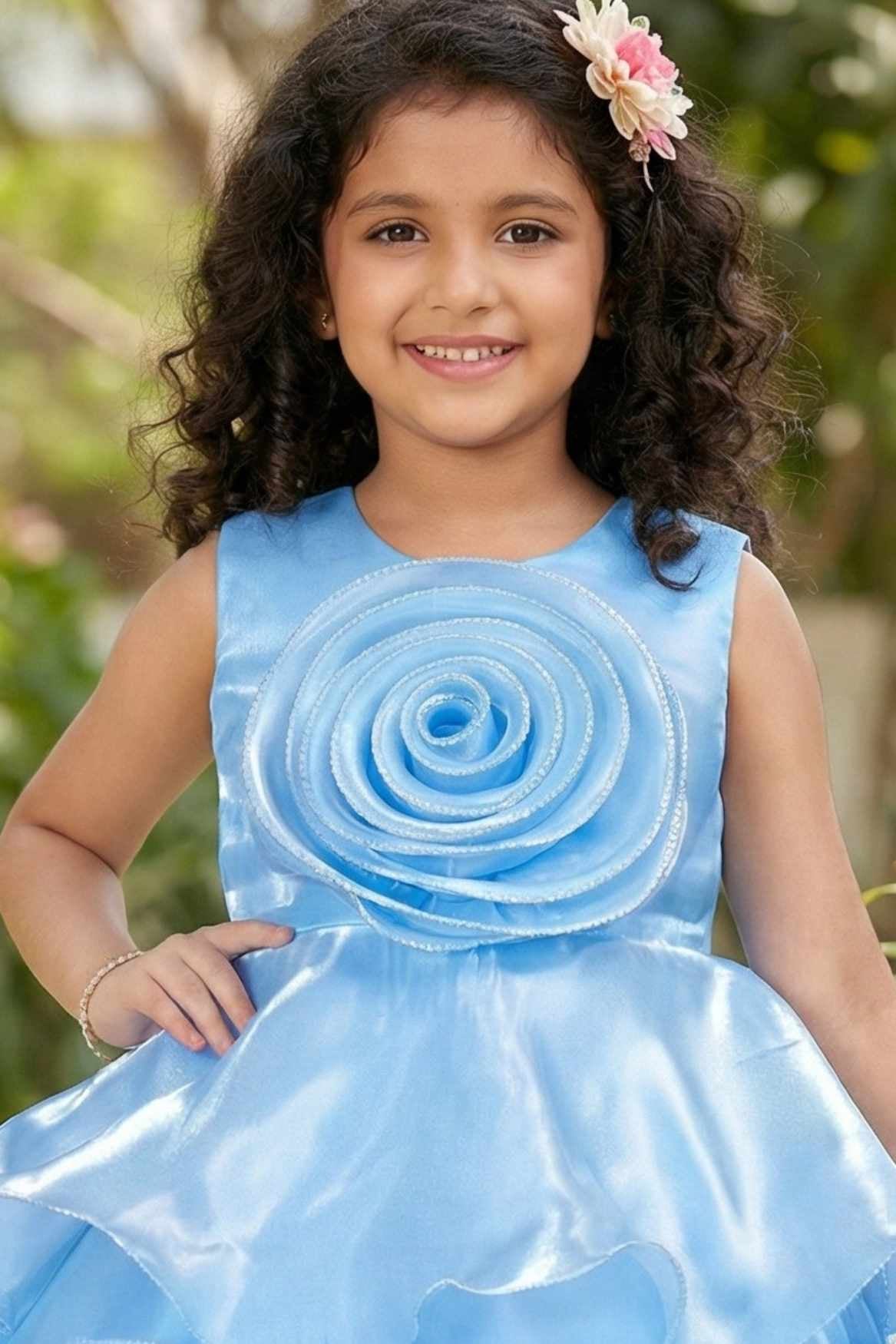 Sky Blue Embellished Party Wear Frock with 3D Rose Appliqué For Girls