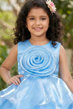 Sky Blue Embellished Party Wear Frock with 3D Rose Appliqué For Girls