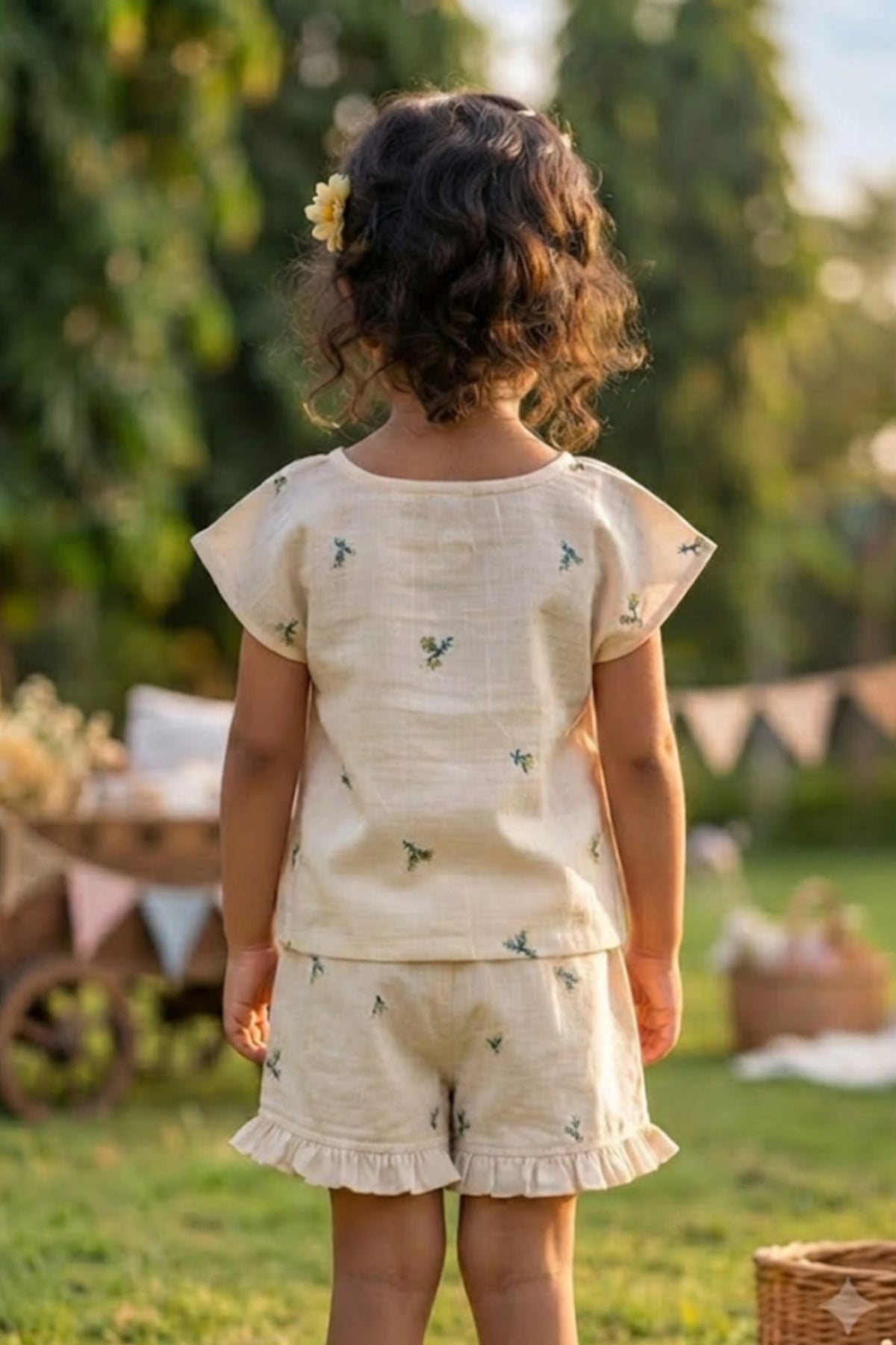 Adorable Girls Ivory Floral Print Top & Shorts Set with Ruffle Details