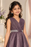 Elegant Sleeveless Wine Shimmer Party Wear Gown For Girls