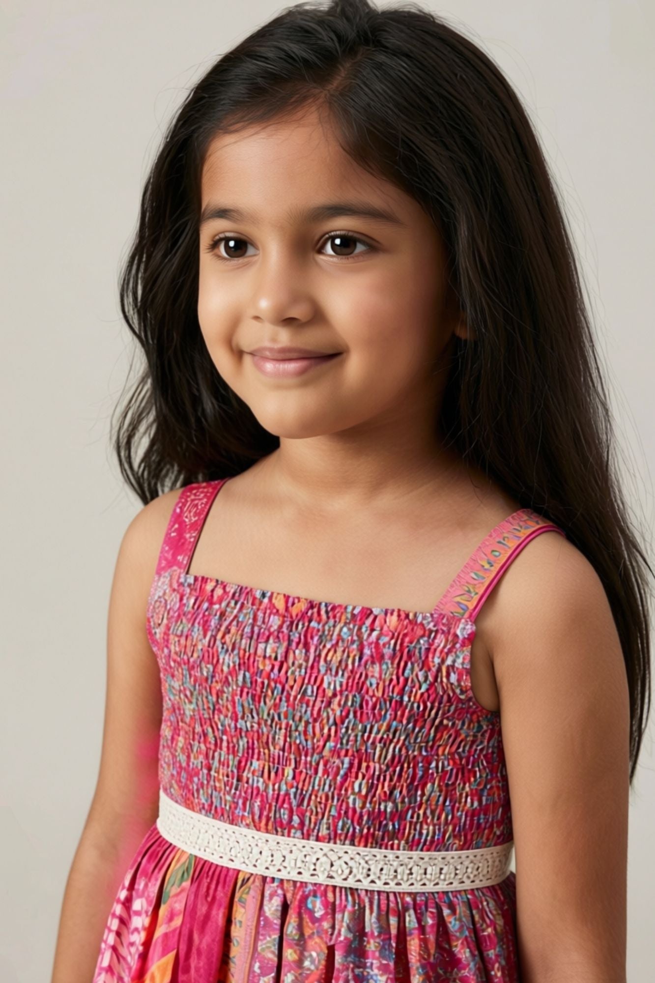 Girls Pink Patchwork Print Frock with Smocked Bodice
