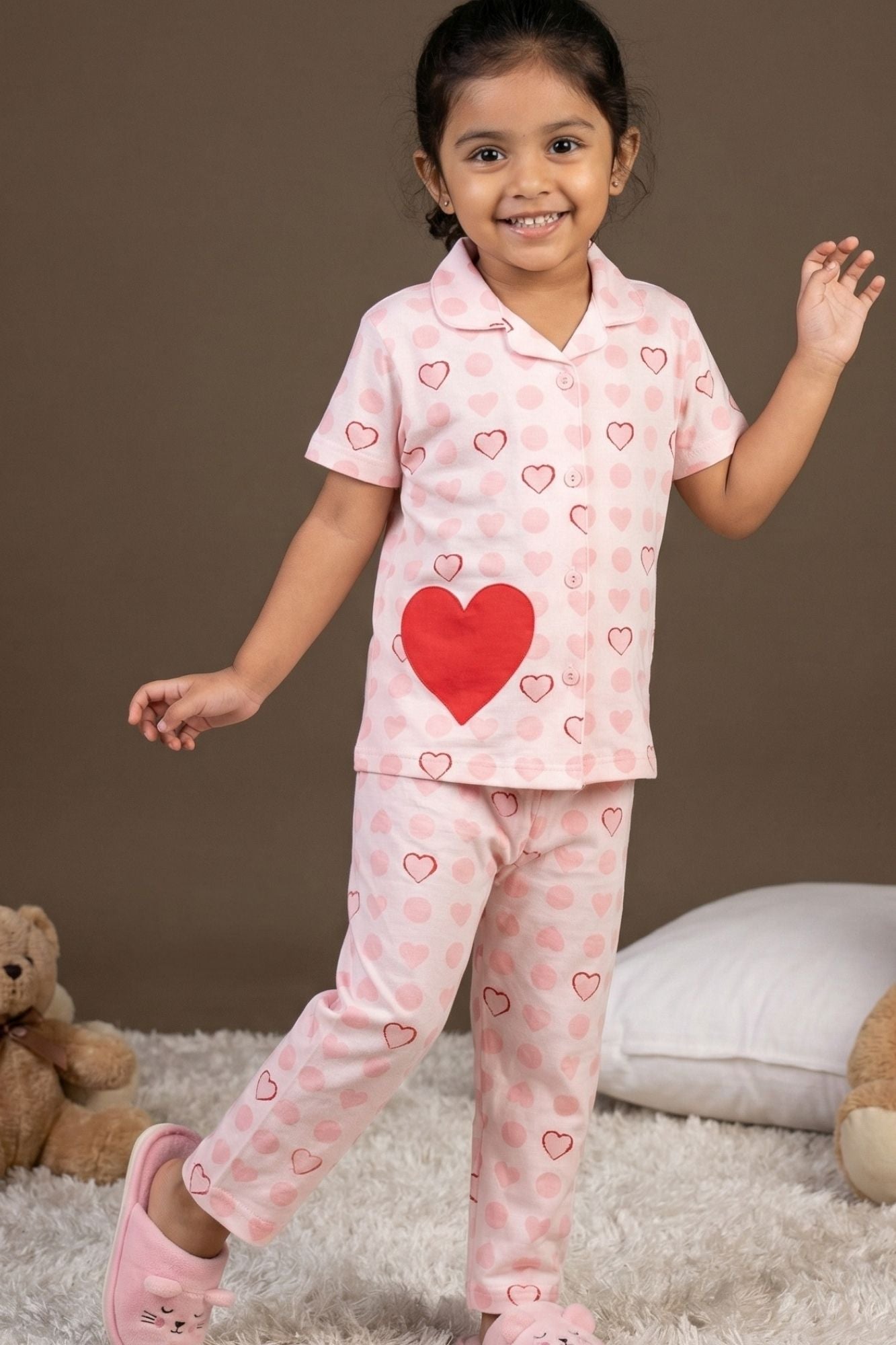 Pink Heart Print Night Suit Set For Girls