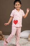 Pink Heart Print Night Suit Set For Girls