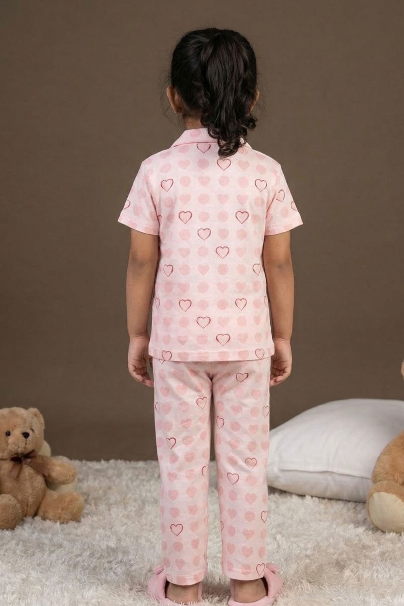Pink Heart Print Night Suit Set For Girls