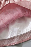 Dusty Pink Satin Party Frock with Floral Lace Bodice