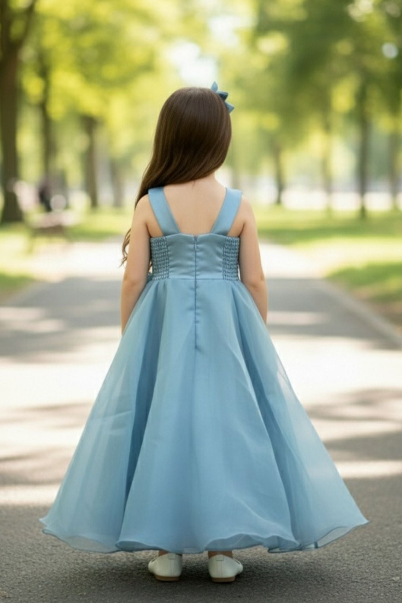 Blue Party Wear Gown with Oversized Floral Appliqué and Glitter Accent For Girls