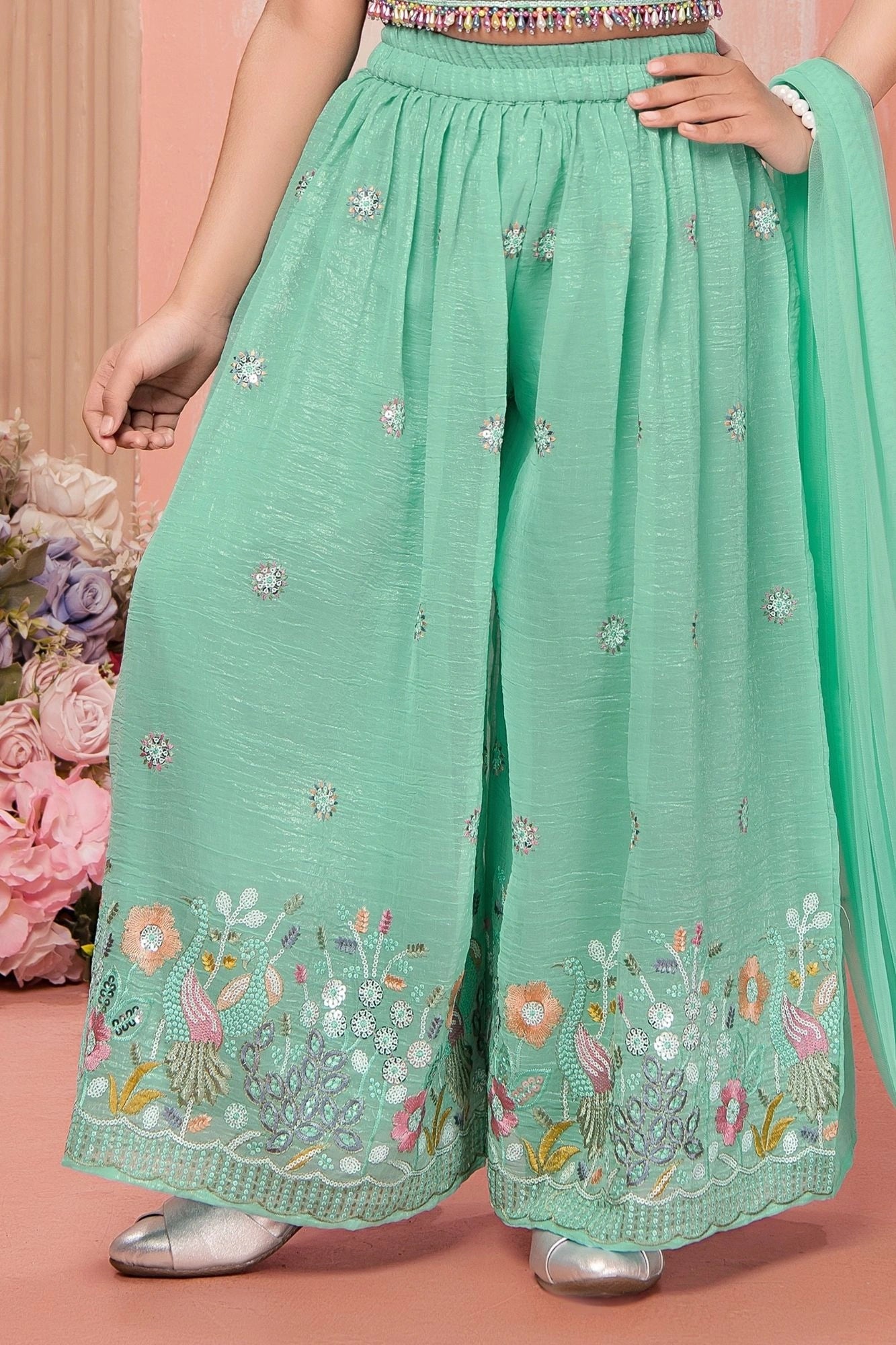 Mint Green Thread Embroidered Palazzo Set For Girls