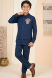 Blue Embroidered Kurta Set With Mandarin Collar For Boys