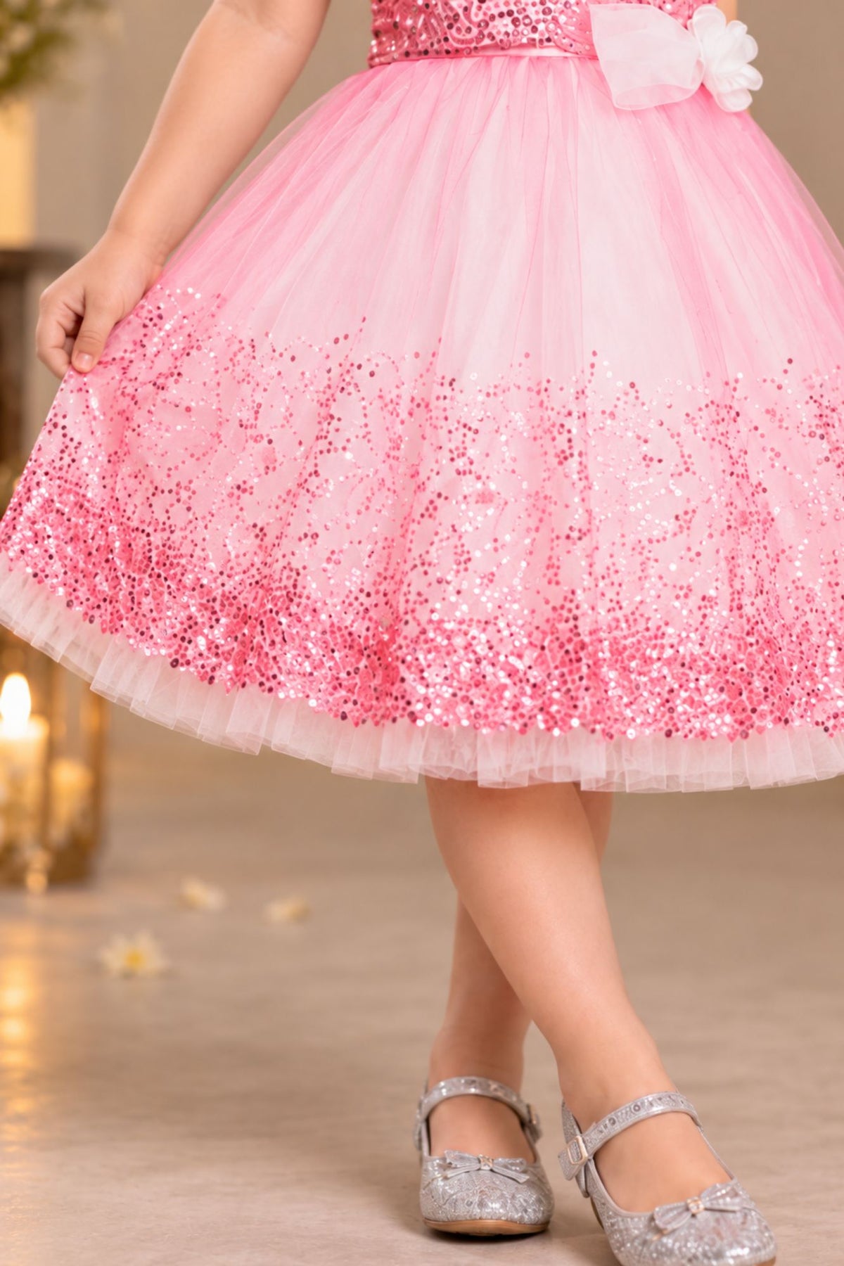 Gajri Pink Sequin Party Wear Frock with Bow For Girls