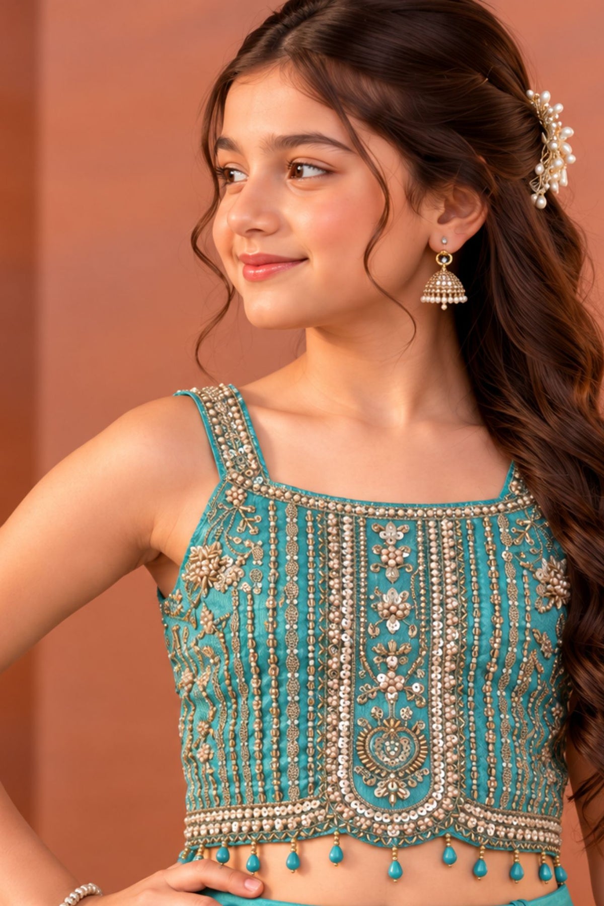 Girls Turquoise Blue Embroidered Lehenga Choli Set