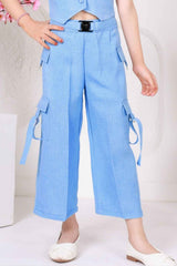 Trendy Sky Blue Sleeveless Jacket And Pant Co Ord Set For Girls