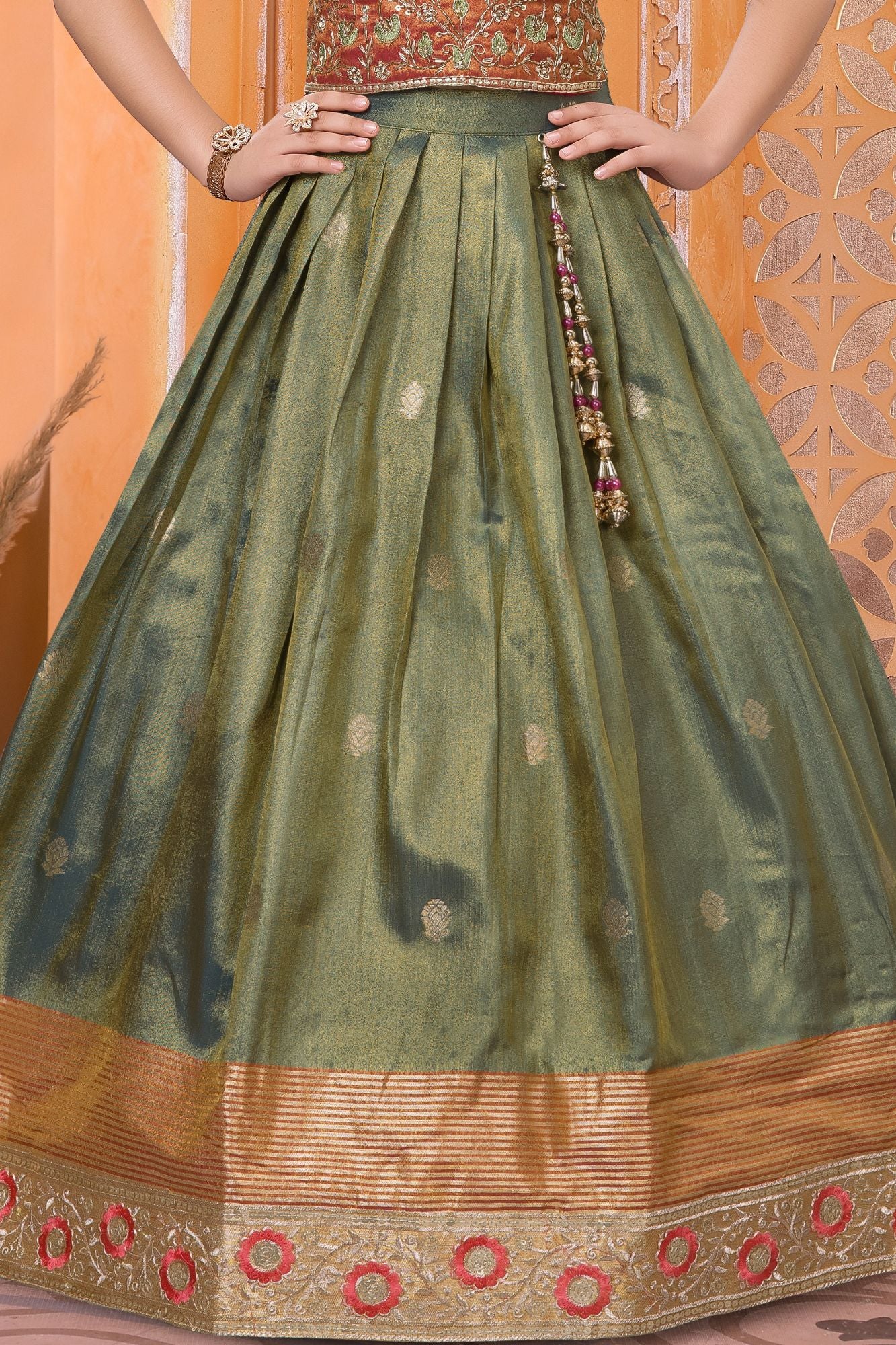 Girls Olive Green and Rust Orange Pattu Pavadai Set