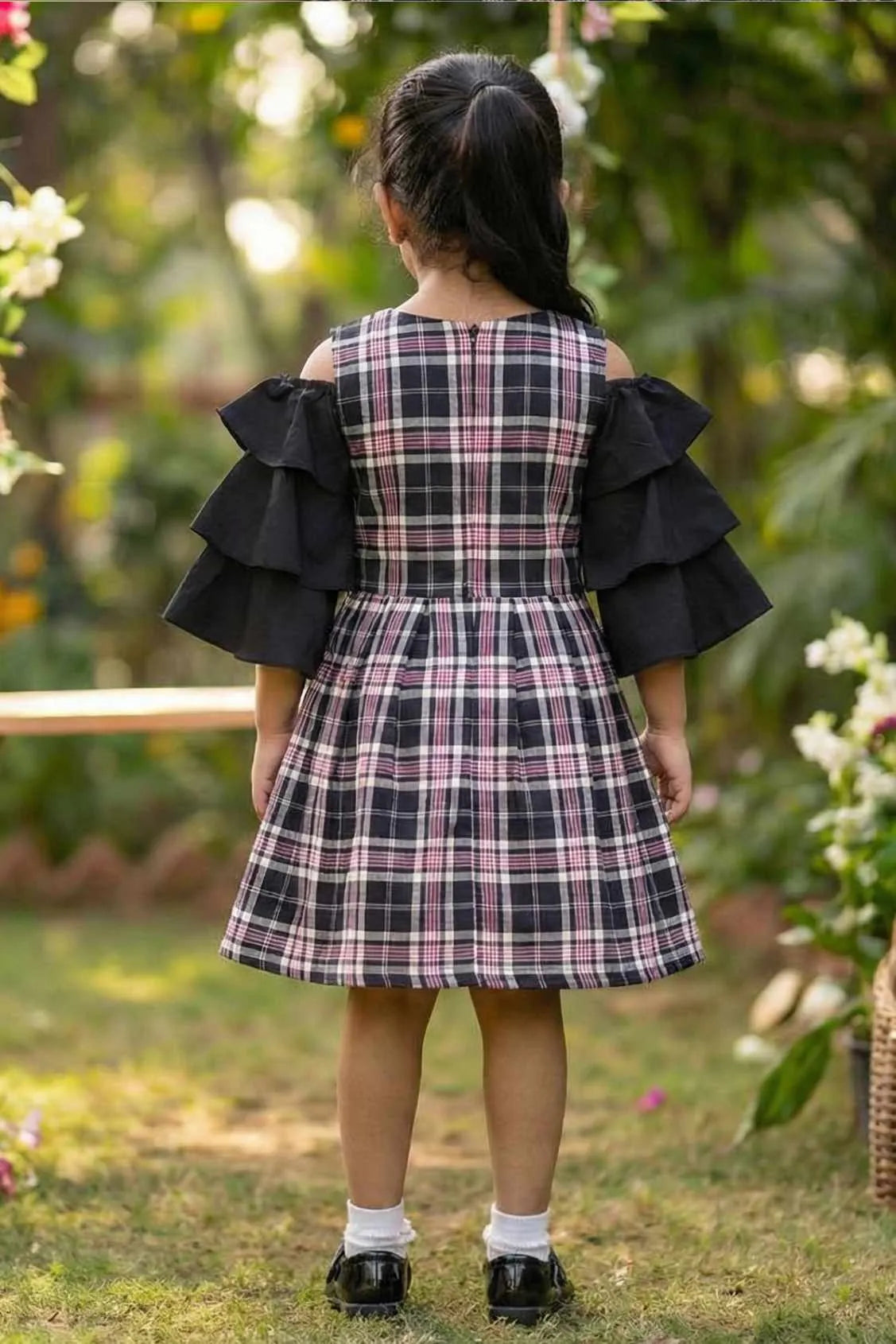 Black Plaid Cold-Shoulder Frock for Girls