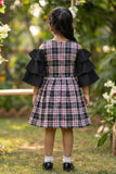 Black Plaid Cold-Shoulder Frock for Girls