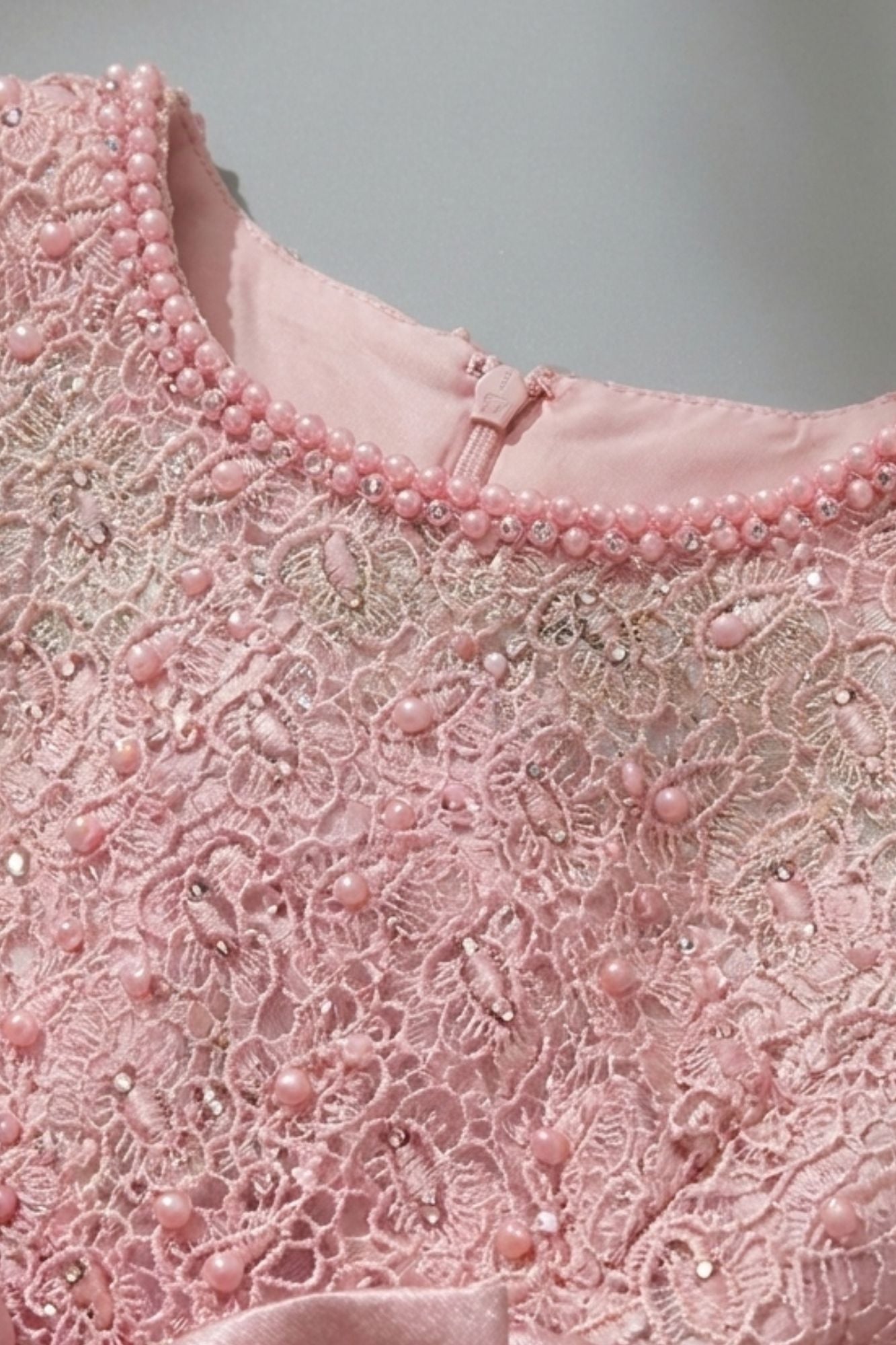Dusty Pink Satin Party Frock with Floral Lace Bodice